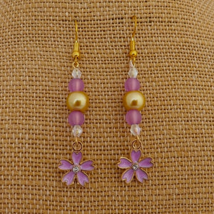 Purple & Gold Flower Handmade Bead Earrings