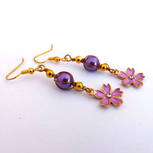 Load image into Gallery viewer, Purple &amp; Gold Flower &amp; Pearl Handmade Bead Earrings

