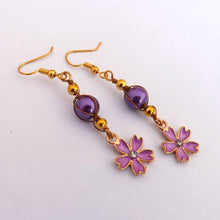 Load image into Gallery viewer, Purple &amp; Gold Flower &amp; Pearl Handmade Bead Earrings
