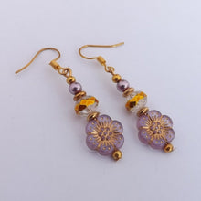 Load image into Gallery viewer, Purple  &amp; Gold Handmade Bead Earrings
