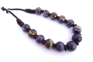 Purple & Gold Tone Vintage Wood Bead & Cord Necklace