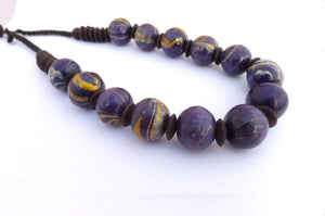 Purple & Gold Tone Vintage Wood Bead & Cord Necklace