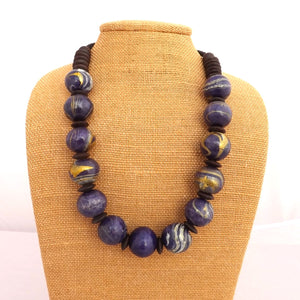 Purple & Gold Tone Vintage Wood Bead & Cord Necklace