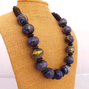 Purple & Gold Tone Vintage Wood Bead & Cord Necklace