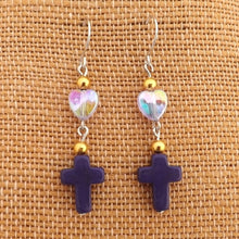 Load image into Gallery viewer, Purple &amp; Gold Cross &amp; Heart Handmade Bead Drop Earrings
