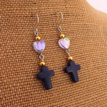 Load image into Gallery viewer, Purple &amp; Gold Cross &amp; Heart Handmade Bead Drop Earrings
