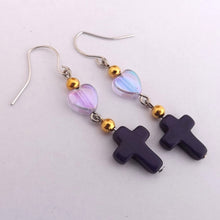 Load image into Gallery viewer, Purple &amp; Gold Cross &amp; Heart Handmade Bead Drop Earrings
