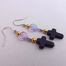 Load image into Gallery viewer, Purple &amp; Gold Cross &amp; Heart Handmade Bead Drop Earrings
