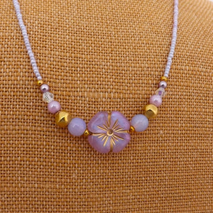 Purple & Gold Handmade  Flower Bead Necklace