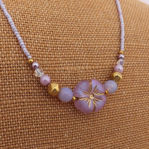 Purple & Gold Handmade  Flower Bead Necklace