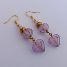 Load image into Gallery viewer, Purple &amp; Gold Handmade Heart Drop Bead Earrings
