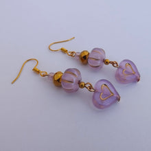 Load image into Gallery viewer, Purple &amp; Gold Handmade Heart Drop Bead Earrings
