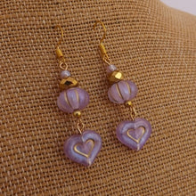 Load image into Gallery viewer, Purple &amp; Gold Handmade Heart Drop Bead Earrings
