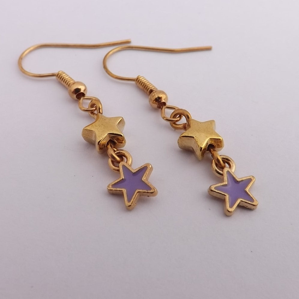 Purple & Gold Tone Handmade Star Bead Drop Earrings