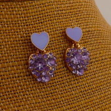 Load image into Gallery viewer, Purple &amp; Gold Tone Heart Drop Earrings
