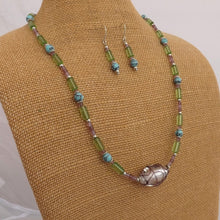 Load image into Gallery viewer, Purple, Green &amp; Blue Handmade Bead Necklace and Earrings Set
