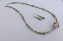 Load image into Gallery viewer, Purple, Green &amp; Blue Handmade Bead Necklace and Earrings Set
