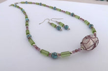 Load image into Gallery viewer, Purple, Green &amp; Blue Handmade Bead Necklace and Earrings Set
