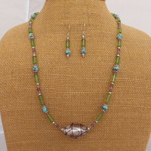 Load image into Gallery viewer, Purple, Green &amp; Blue Handmade Bead Necklace and Earrings Set
