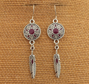 Purple, Grey & Silver Tone Flower & Feather Drop Earrings