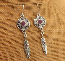 Load image into Gallery viewer, Purple, Grey &amp; Silver Tone Flower &amp; Feather Drop Earrings
