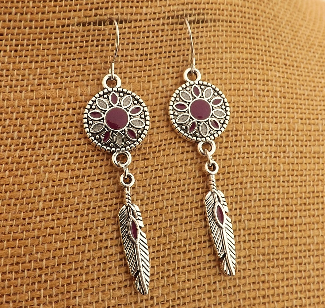 Purple, Grey & Silver Tone Flower & Feather Drop Earrings