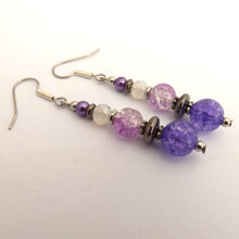 Load image into Gallery viewer, Purple, Grey &amp; White Handmade Shatter Bead Earrings
