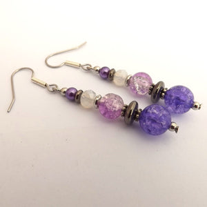 Purple, Grey & White Handmade Shatter Bead Earrings