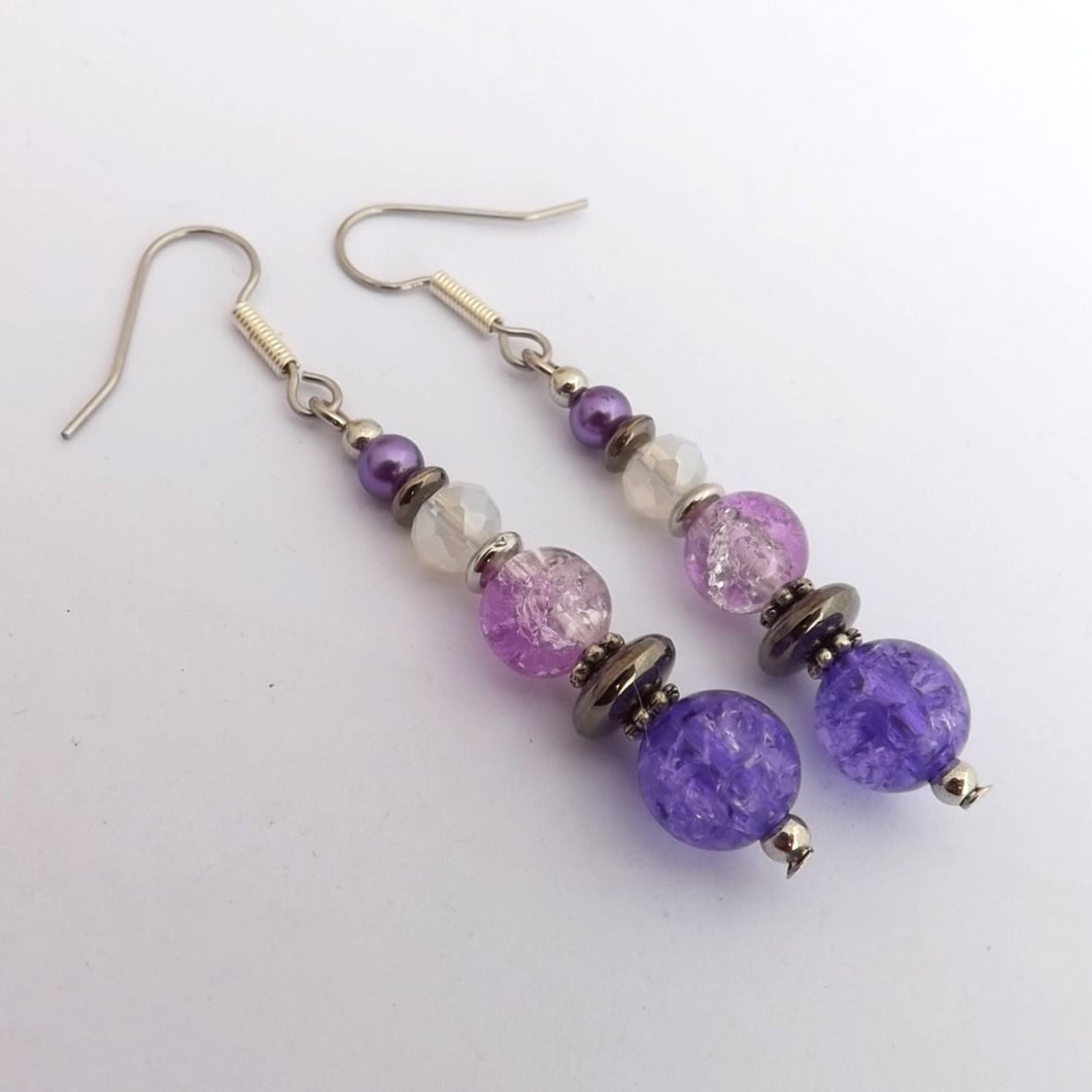 Purple, Grey & White Handmade Shatter Bead Earrings