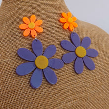 Load image into Gallery viewer, Purple &amp; Orange Large Acrylic Daisy Drop Earrings
