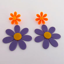 Load image into Gallery viewer, Purple &amp; Orange Large Acrylic Daisy Drop Earrings
