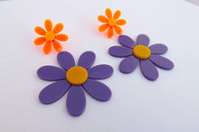 Load image into Gallery viewer, Purple &amp; Orange Large Acrylic Daisy Drop Earrings
