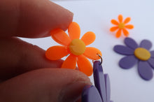 Load image into Gallery viewer, Purple &amp; Orange Large Acrylic Daisy Drop Earrings
