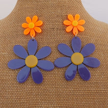 Load image into Gallery viewer, Purple &amp; Orange Large Acrylic Daisy Drop Earrings
