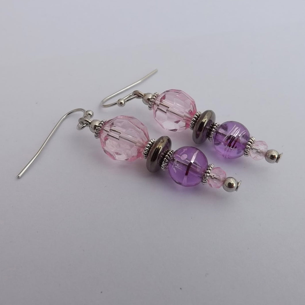 Purple, Pink & Grey Handmade Bead Earrings