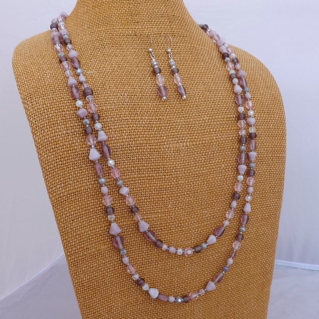 Purple, Pink & Grey Handmade Long Bead Necklace & Earrings Set