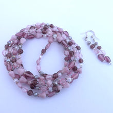 Load image into Gallery viewer, Purple, Pink &amp; Grey Handmade Long Bead Necklace &amp; Earrings Set

