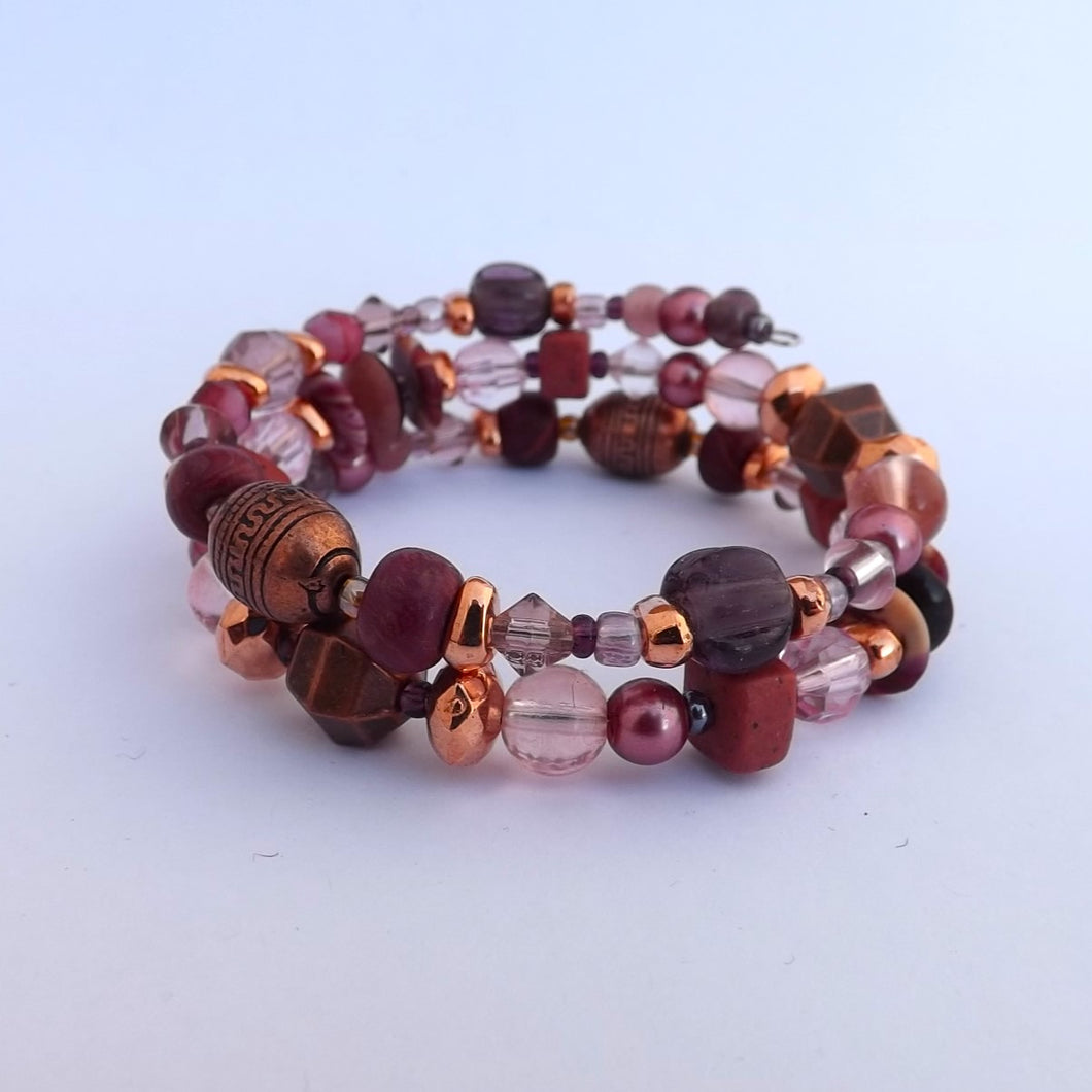 Purple, Rose Gold & Copper Handmade Memory Wire Bead Bracelet