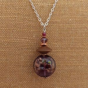 Purple & Rose Gold Glass & Wood Handmade Bead Pendant Necklace