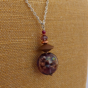 Purple & Rose Gold Glass & Wood Handmade Bead Pendant Necklace