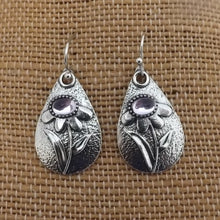 Load image into Gallery viewer, Purple &amp; Silver Tone Flower Teardrop Earrings
