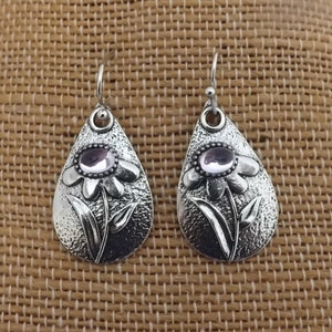 Purple & Silver Tone Flower Teardrop Earrings