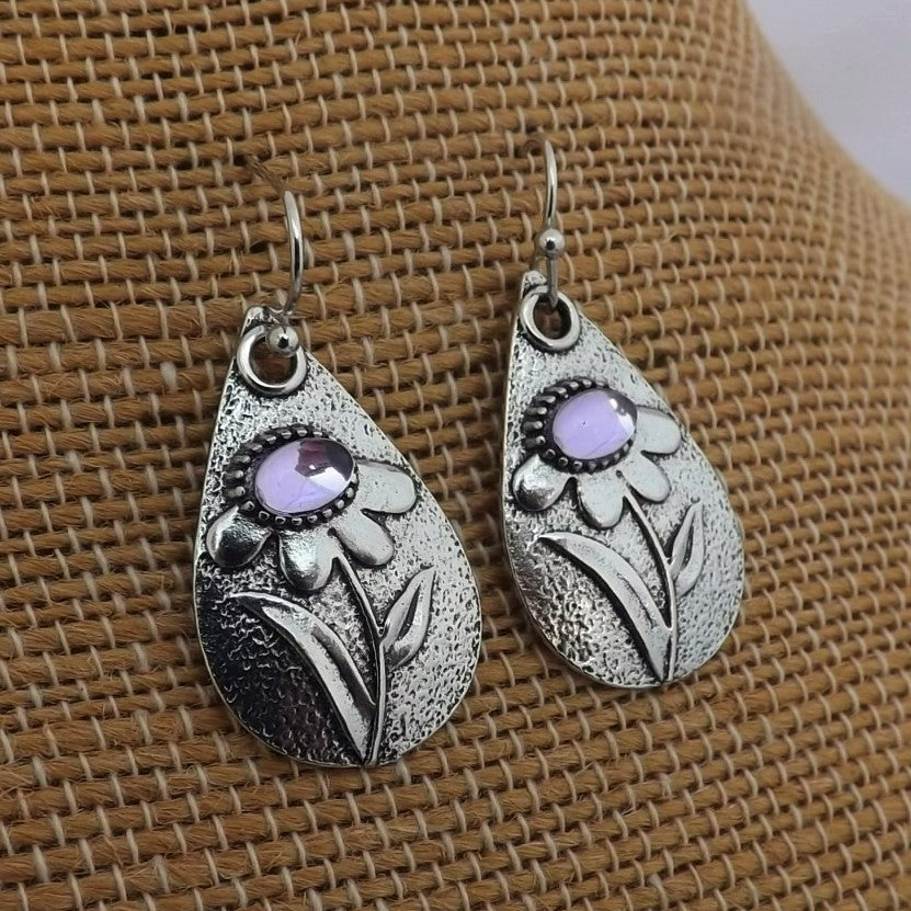 Purple & Silver Tone Flower Teardrop Earrings