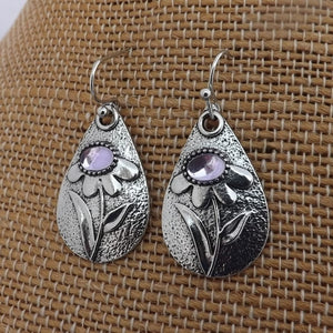 Purple & Silver Tone Flower Teardrop Earrings