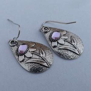 Purple & Silver Tone Flower Teardrop Earrings