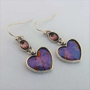 Purple & Silver Tone Heart Drop Earrings