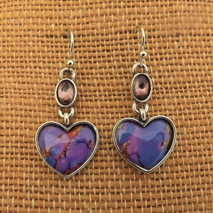 Purple & Silver Tone Heart Drop Earrings