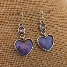 Load image into Gallery viewer, Purple &amp; Silver Tone Heart Drop Earrings
