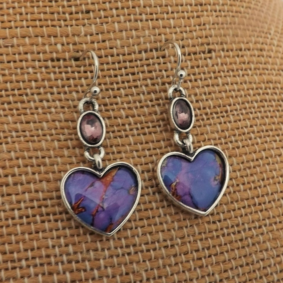 Purple & Silver Tone Heart Drop Earrings