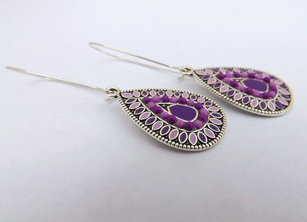 Purple & Silver Tone Teardrop Dotted Earrings on Long Kidney Hooks ...